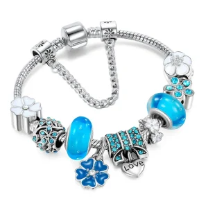 Sterling Zilveren Bedelarmband | Bloemen Blauwe Kristal Kraal Sieraad Cadeau